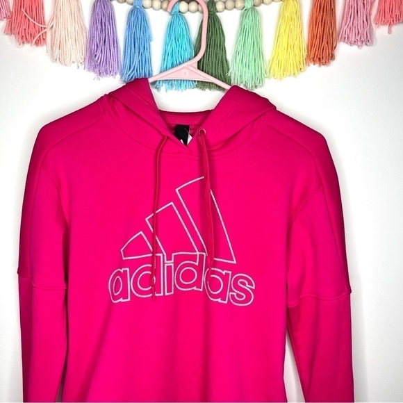 Adidas Bright Hot Pink Pullover Hooded Logo Fleece Lined Sweatshirt Size Small - Picture 5 of 16